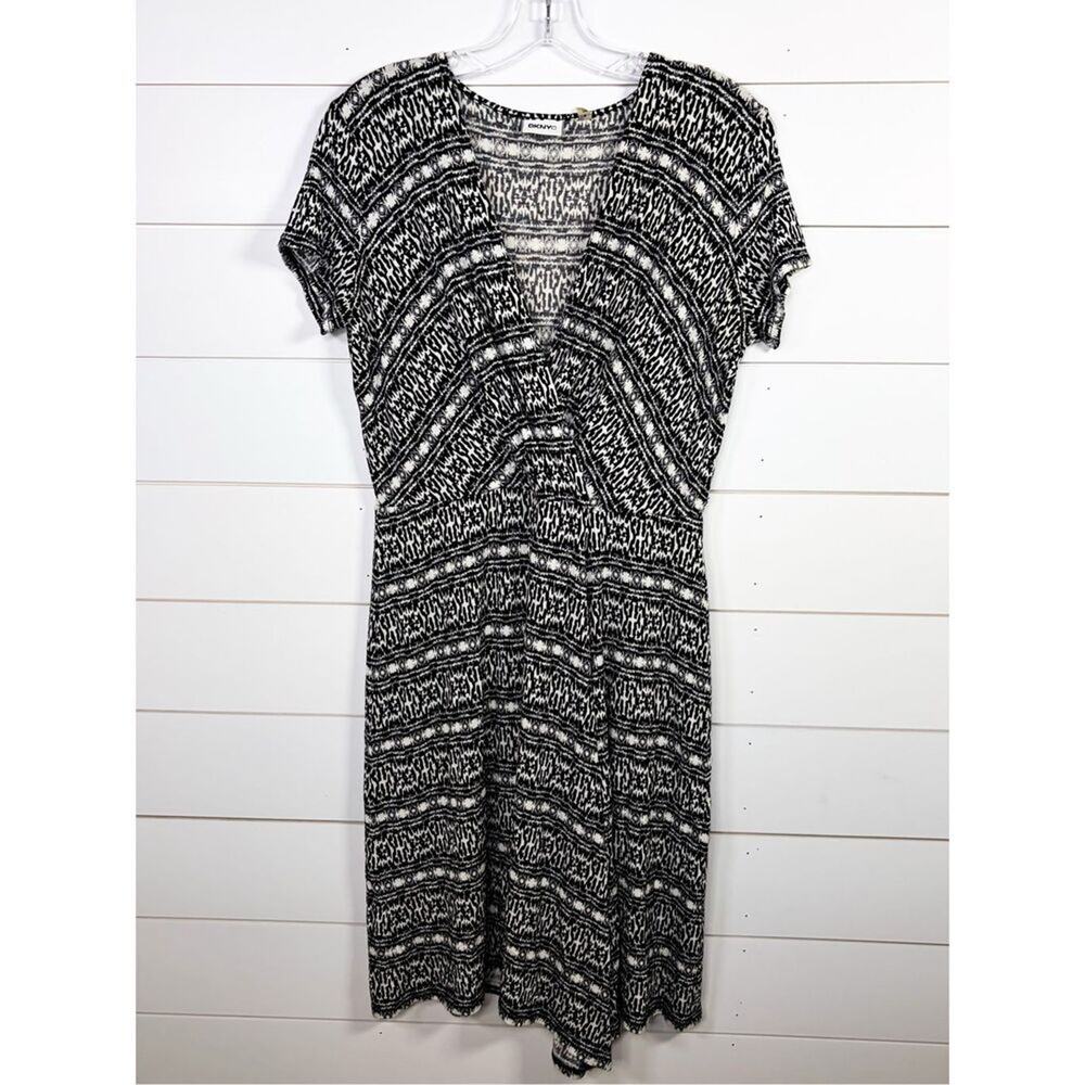 DKNYC Women's Surplice Faux Wrap Jersey Stretch Dress Black White Small